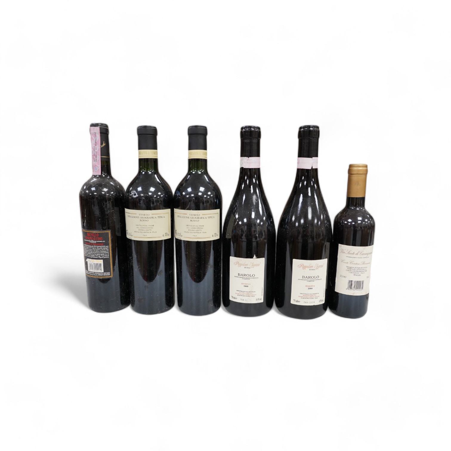 Six Italian bottles of wine to include two bottles of Il Rosso Dell’ Abazia 1999, two bottles of Pianpolvere Soprano Barolo Riserva 2000, a bottle of Brunello Di Montalcino Il Poggione 2004 and a 375ml bottle of Vin Sant